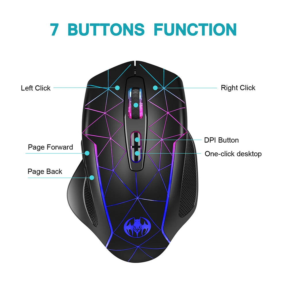 2.4G Rechargeable Wireless Mouse, Gamer Gaming Mouse, Computer Mouse, USB Ergonomic Mouse with Backlight RGB Mice for Laptop PC