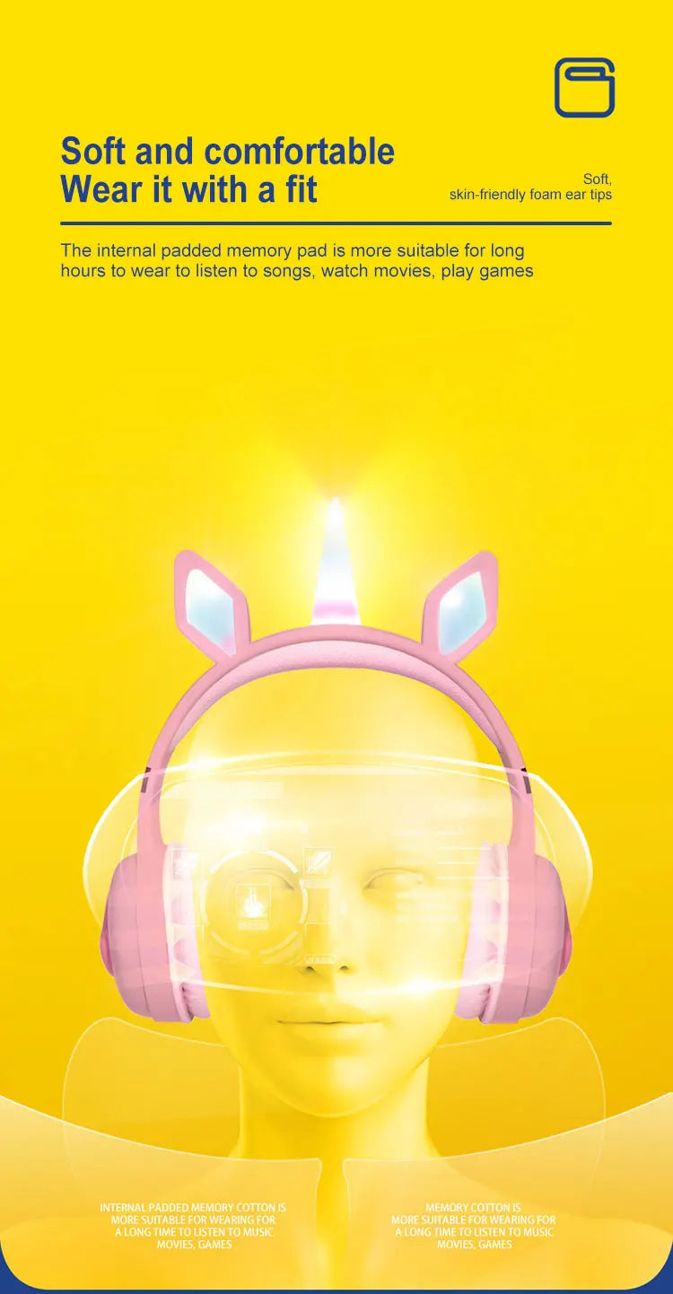 Glow Unicorn Bluetooth Headphones for Kids – LED Bunny Ear Wireless Headphones with Microphone, TF Card Slot, Over-Ear Bluetooth Headset for Gaming, Music & Mobile Devices