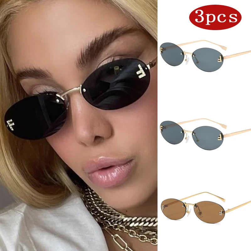 3set Women Fashion Brand Rimless Sunglasses Retro Small Oval Alloy Elegant Gradient Sun Glasses Outdoor Travel Shades Glasses
