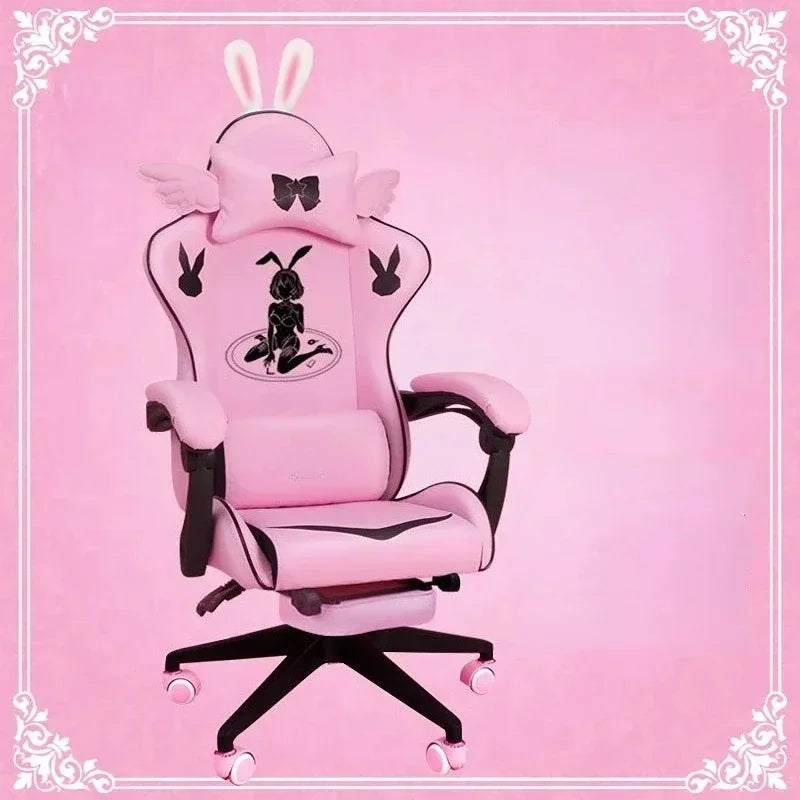 Pink Gaming Chair for Girls with Footrest, Comfortable Adjustable Swivel Computer Chair, Cartoon Gamer Chair for Bedroom, Office & Study