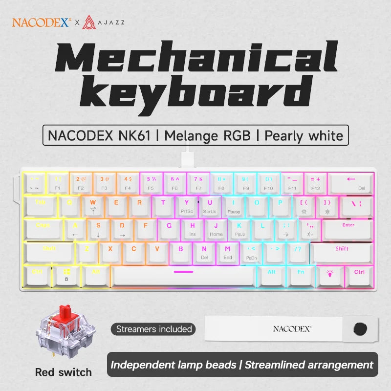 AJAZZ NK61 kabelgebundene mechanische Gaming-Tastatur 60% RGB Hot-Swappable 61 Tasten Red Switch Mini-Tastatur für Gamer-PC
