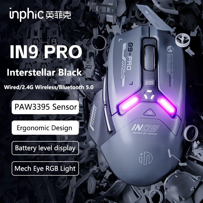 Inphic IN9PRO Wireless Gaming Mouse 26000 DPI Tri-Mode RGB Gaming Mouse, PAW3395 Sensor, Bluetooth 5.0, 2.4G & Wired, 8K Polling Rate Compatible
