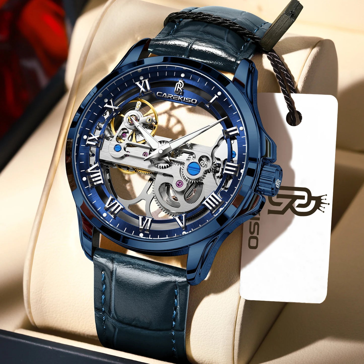 CAREKISO Fashion Men's Watches Original Mechanical Leather Men Clock Waterproof Hollow Tourbillon Automatic Man Watch Reloj Male