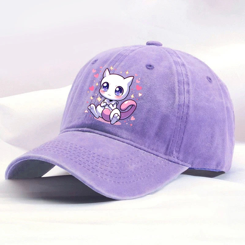Kawaii Pokemons Adult Washed Baseball Cap Pikachu Mewtwo Bulbasaur Peak Cap Cute Cartoon Men Women Travel Sunshade Beach Sunhat