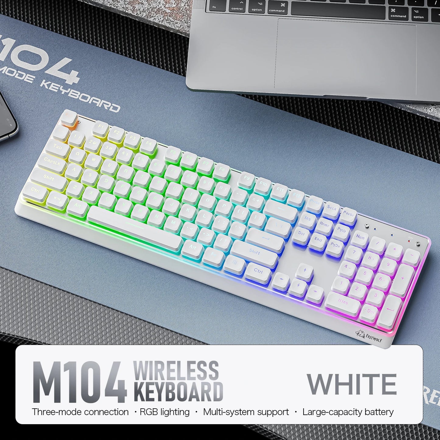 Freewolf M104 Tri-Mode Wireless Keyboard RGB 104 Keys Ultra Slim Quiet Membrane 4000mAh Large Battery for Office&Home