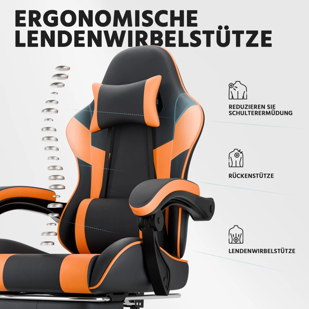 Ergonomic Gaming Chair with Lumbar Support, Adjustable PU Leather Computer Chair, Reclining Office Gaming Chair with Footrest, Black Orange