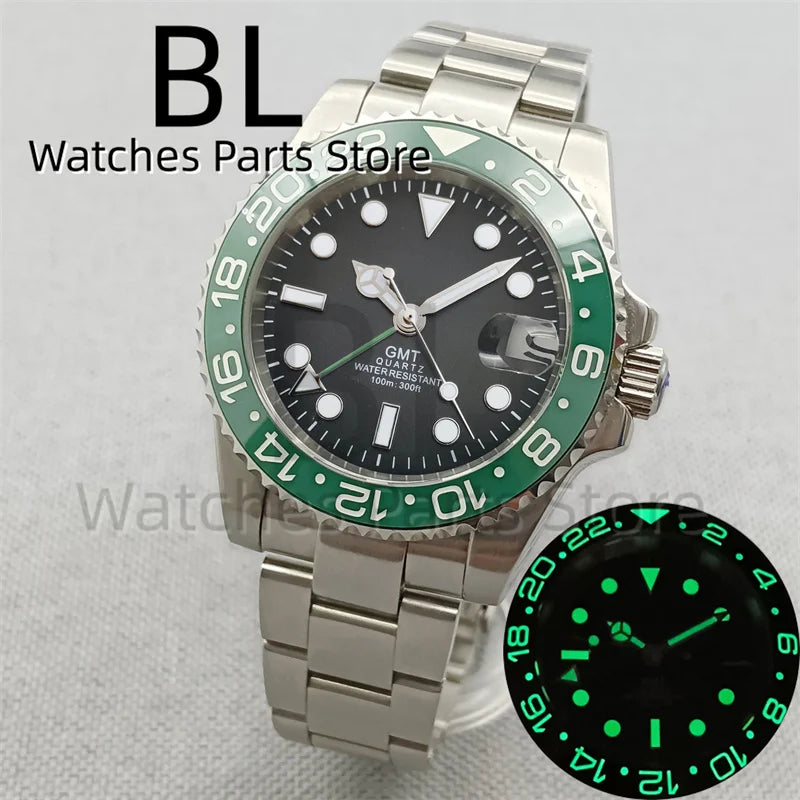BLIGER 40mm 515 24H GMT Men's Watch Stainless Steel Clasp Luminous Quartz Movement Ceramic Bezel 10Bar Waterproof Sapphire Glass