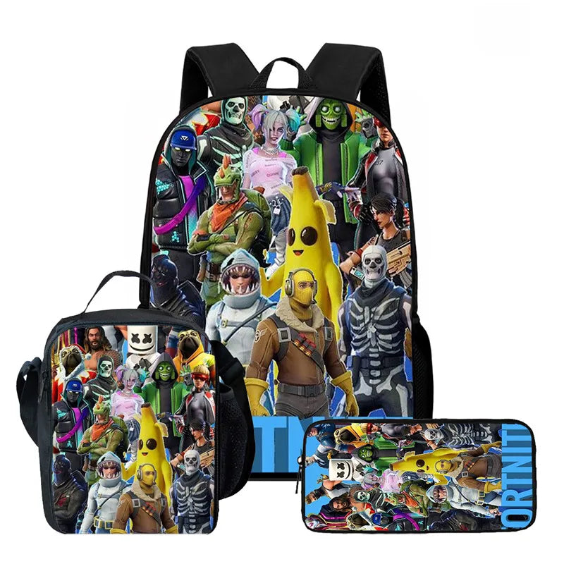 Fortnite Cartoon 3pcs Backpack Set for Boys Girls Unisex Including School Bag Lunch Bag Pencil Case Suitable for ages 5-8