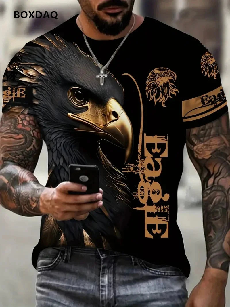 Fashion Eagle Herren-T-Shirts, locker, Rundhalsausschnitt, lässige Oberteile, Kurzarm, 3D-Tierprint, Street-T-Shirt, 6XL Übergröße, atmungsaktives Tee