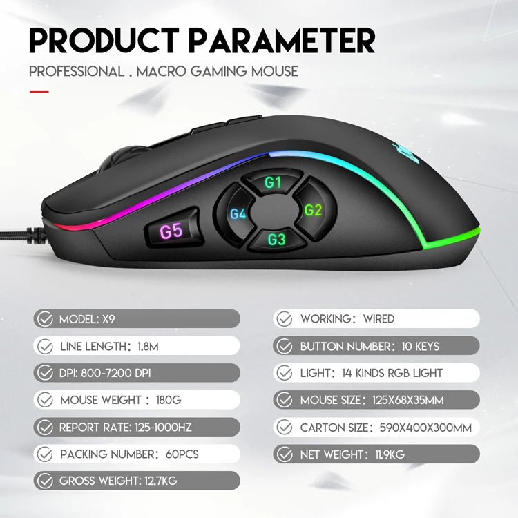 Laidinė gaming biuro pelė, 7200DPI, RGB apšvietimas, 6 reguliuojami DPI lygiai / 10 programuojamų mygtukų / grįžimo į darbalaukį mygtukas