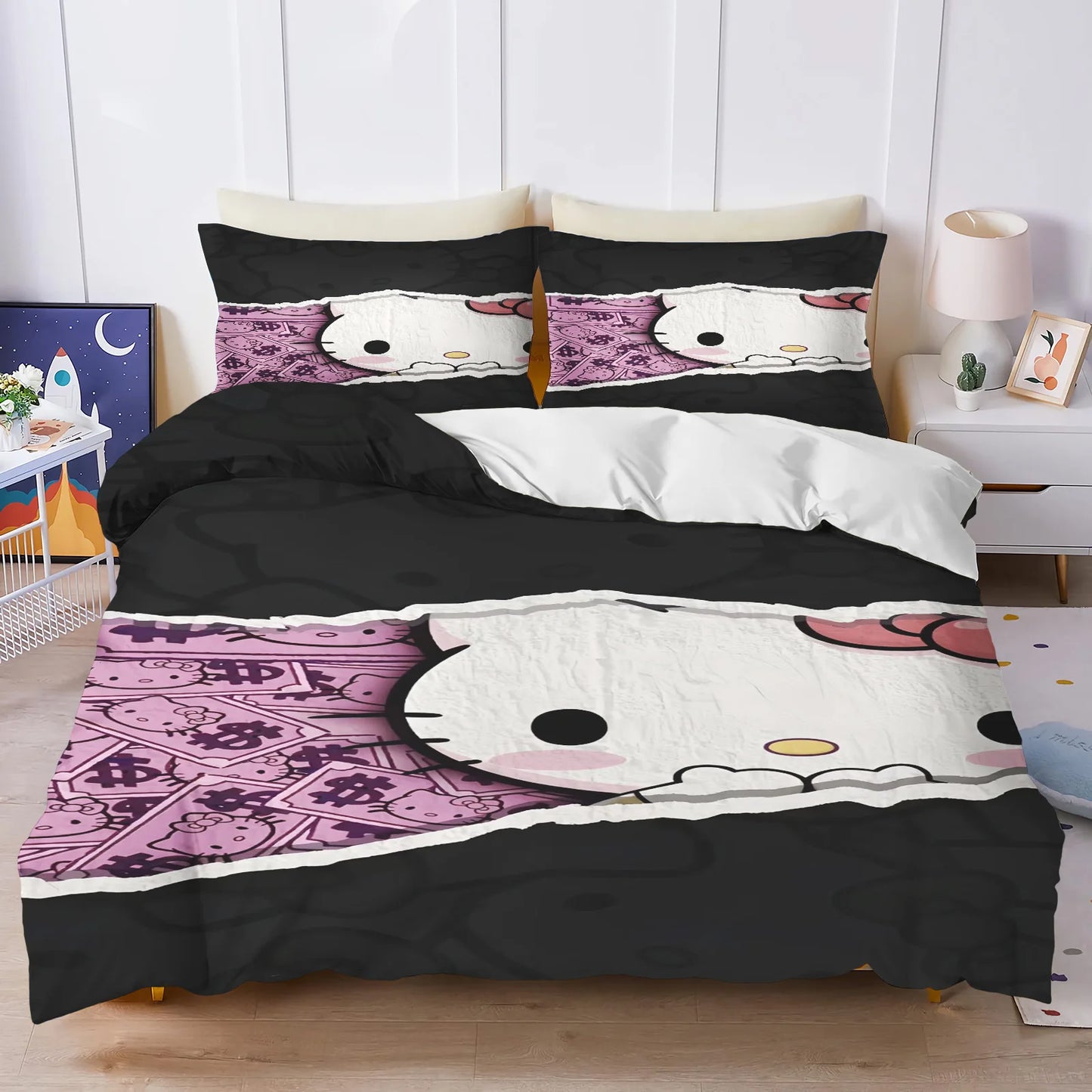 Hello Kitty Duvet Cover Set Comforter Bedding 3D Children's Bedding Set 3-Piece 1 Quilt Cover King Size