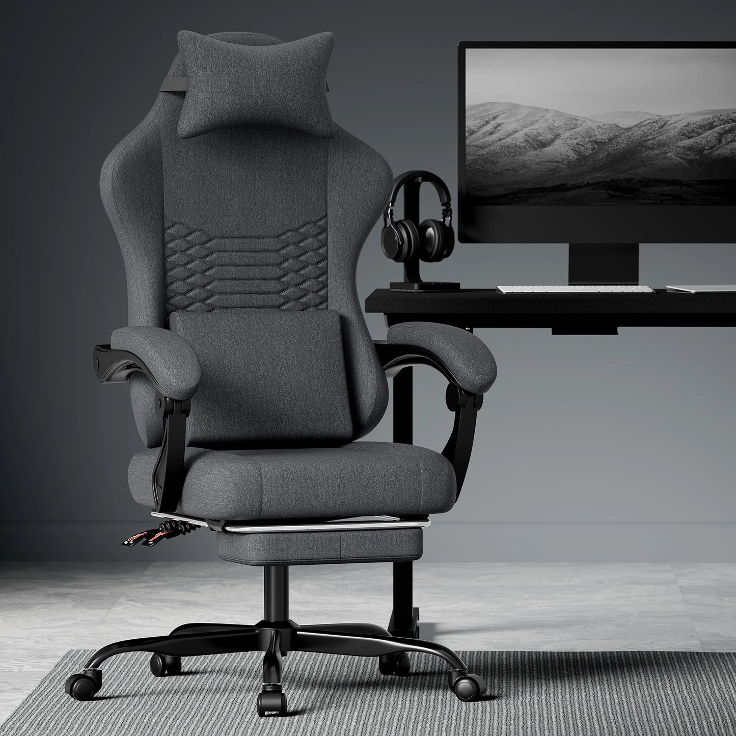 Dark Gray Fabric Gaming Chair Ergonomic Racing Office Chair with Massage, Footrest, Adjustable Headrest & Lumbar Support for PC Gaming