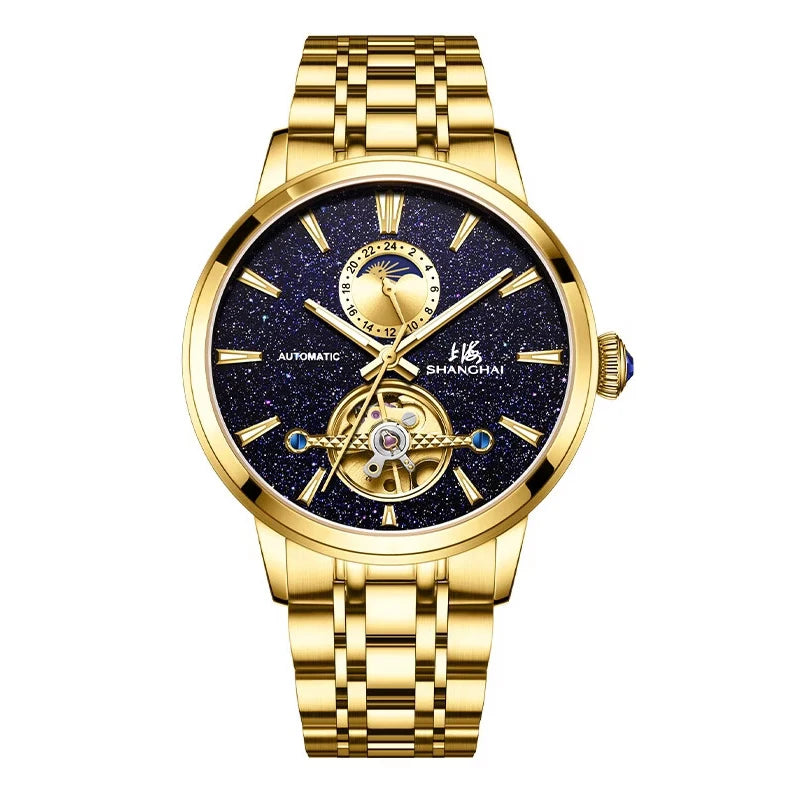 Shanghai Watch Flywheel Men's Watches Calendar Starlight Dial Automatic Mechanical Wristwatch 316L Stainless Steel Clock S8609