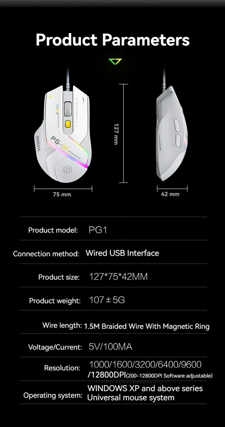 Inphic Pg1 Wired Mouse Gaming Mouse RGB Light Emitting Macro Programming 12800DPI 6 Keys Computer Mouse 1000hz Polling Rate