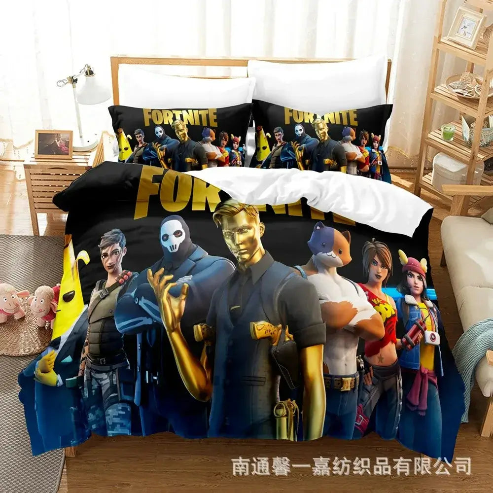 F-Fortnite 3PCS Bedding Set Battle Royale Kids Duvet Cover Quilt Pillowcase Double Size Victory Game Bedroom Linen Decoration