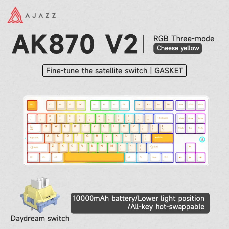 Ajazz AK870 V2 Gaming Mechanical Keyboard Is A Hot-Swaddable RGB Wired Gaming Keyboard Suitable For Various Scenarios On Laptops