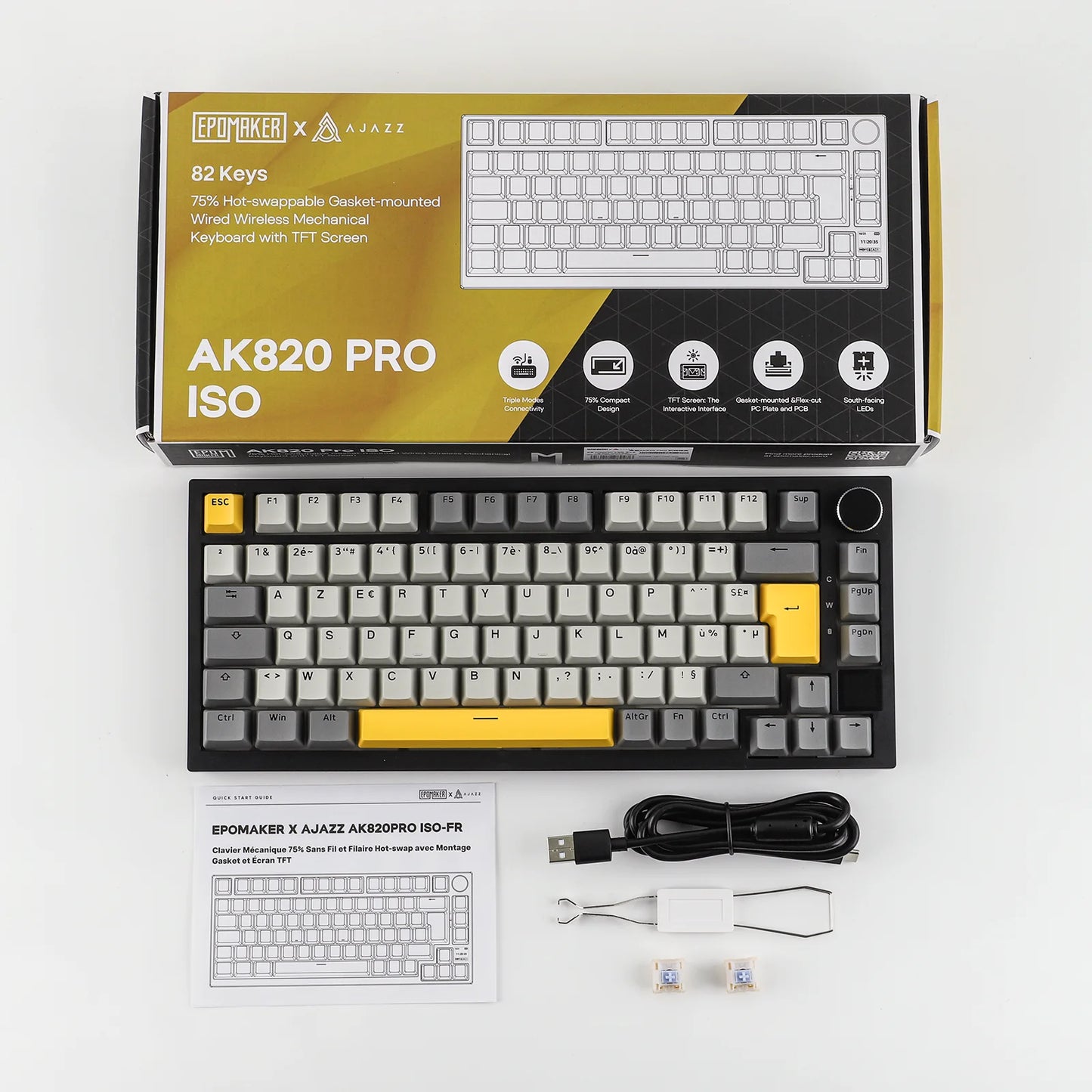 ISO-FR Layout EPOMAKER X AJAZZ AK820 PRO 75% AZERTY French Hot-Swap Wired/BT/2.4GHz Wireless Mechanical Keyboard for Win/Mac/PC