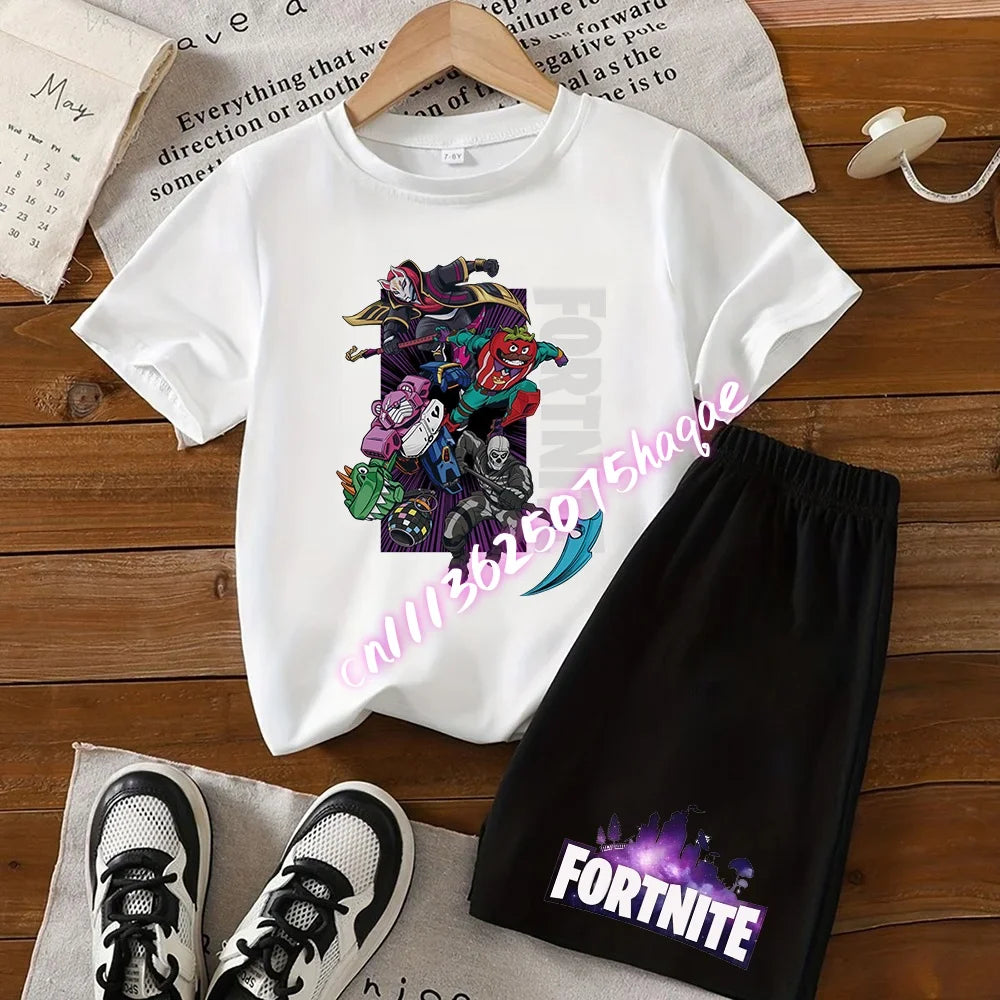 Летен комплект Fortnite с тениска и къси панталони за момчета и момичета, 2 части, детски дрехи с горнище, тениска и панталони, принт Fortress Night, подарък