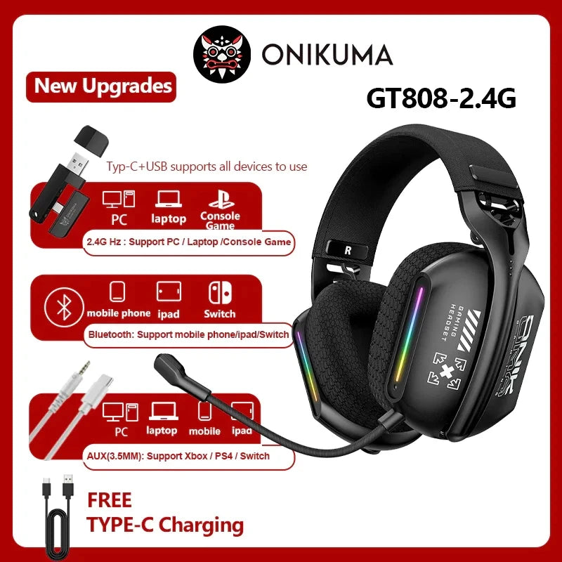 Auriculares gaming inalámbricos ONIKUMA GT828 Bluetooth 5.3 RGB con micrófono, cancelación de ruido y conexión de 4 modos para PC, PS5 y portátil