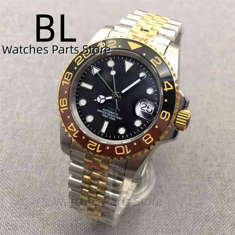 BLIGER 40mm NH34 GMT Watch For Men With Black Gray Ceramic Bezel Sapphire Glass Green Gmt Hands Green GMT Text Jubilee Bracelet