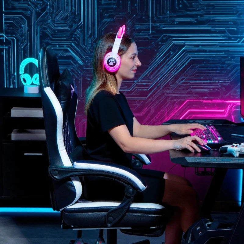 Ergonomic Gaming Chair with Footrest, Adjustable Reclining Computer Chair with Headrest & Lumbar Support, Faux Leather Swivel Gamer Chair