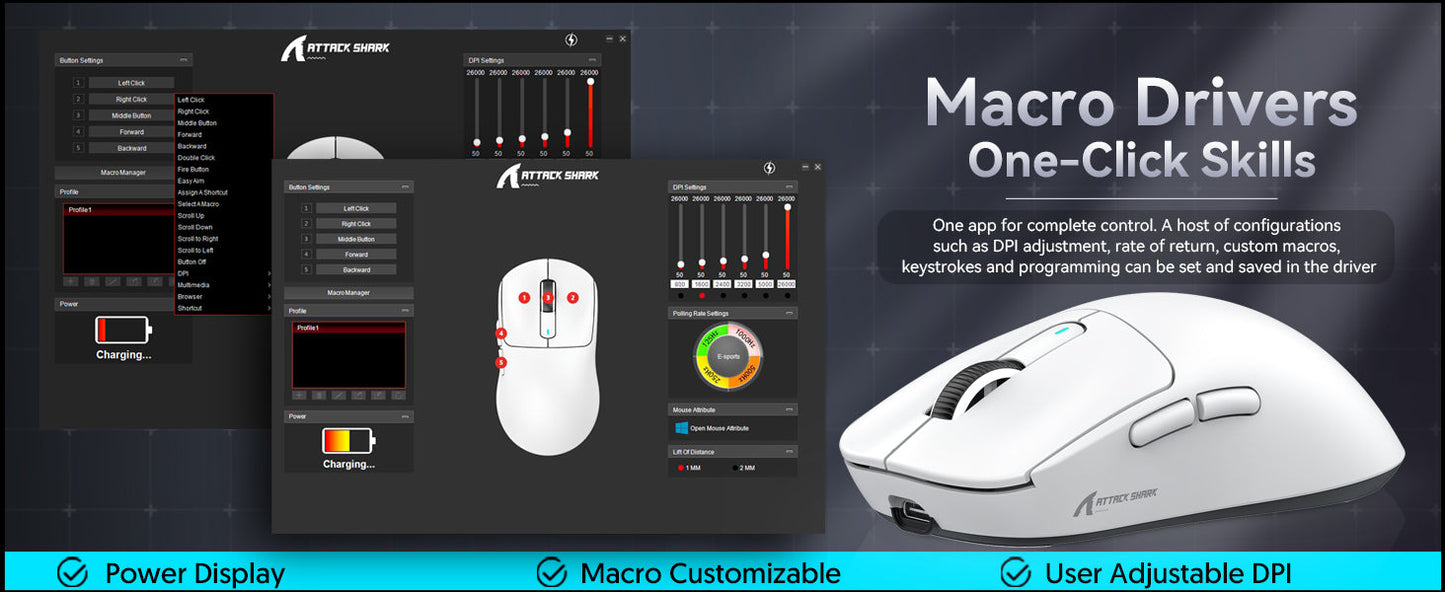 ATTACK SHARK X3 kabellose Gaming-Maus PixArt PAW3395 49g SUPERLIGHT, BT/2.4G kabellos/kabelgebunden, 6 einstellbare DPI-Stufen bis zu 26000