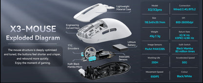ATTACK SHARK X3 kabellose Gaming-Maus PixArt PAW3395 49g SUPERLIGHT, BT/2.4G kabellos/kabelgebunden, 6 einstellbare DPI-Stufen bis zu 26000