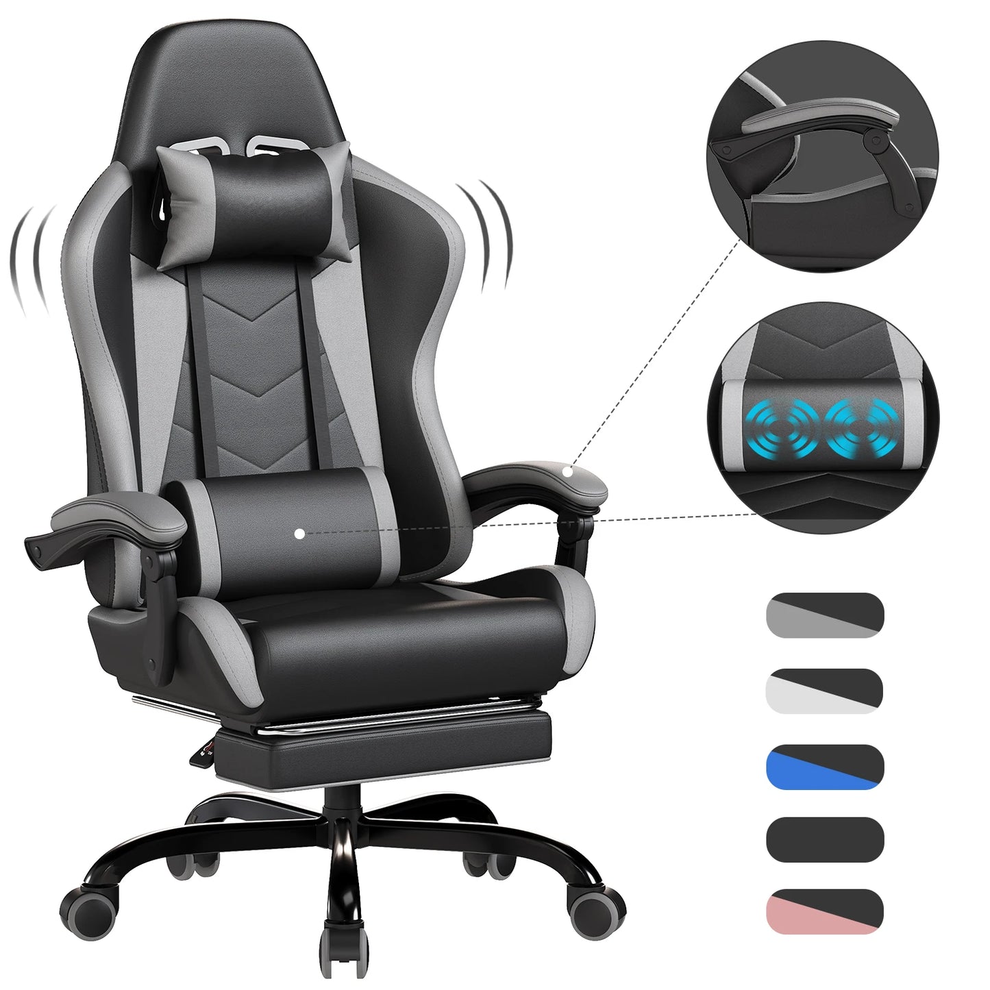 HOMALL Ergonomic Gaming Chair with Lumbar Massage, Adjustable Footrest, Faux Leather Office Chair, 135° Reclining Swivel Desk Chair