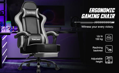 Portreen Gaming Chair with Footrest, Ergonomic Gaming Chair, Gaming Armchair with Adjustable Lumbar Cushion and Headrest, Height-Adjustable Swivel, Rocking Function up to 170°, Gaming Chair for up to 150 kg, Black, Perfect for