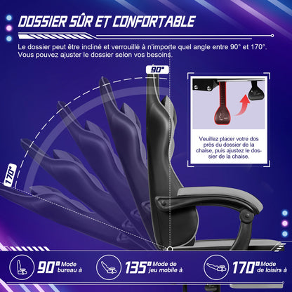 Portreen Gaming Chair with Footrest, Ergonomic Gaming Chair, Gaming Armchair with Adjustable Lumbar Cushion and Headrest, Height-Adjustable Swivel, Rocking Function up to 170°, Gaming Chair for up to 150 kg, Black, Perfect for