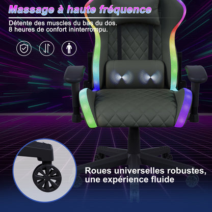 Superaly 72x58.5x125-133cm Ergonomic Gaming Chair RGB Light,Gamer Chair,PU Leather Office Chair with Headrest & Lumbar Cushion