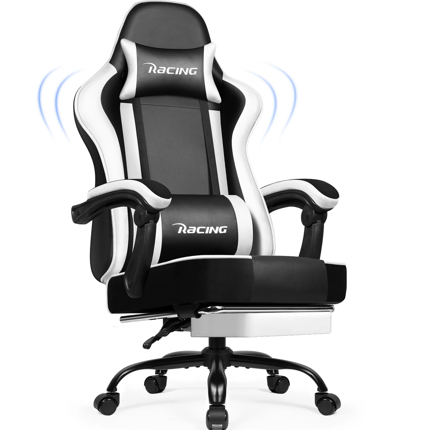 Portreen Gaming Chair with Footrest, Ergonomic Gaming Chair, Gaming Armchair with Adjustable Lumbar Cushion and Headrest, Height-Adjustable Swivel, Rocking Function up to 170°, Gaming Chair for up to 150 kg, Black, Perfect for