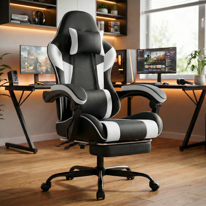 Black & White Gaming Chair, Ergonomic PU Leather Computer Chair with Footrest, Adjustable Swivel Office Chair with Lumbar Support & Headrest, Breathable High-Back Chair for Gaming & Work
