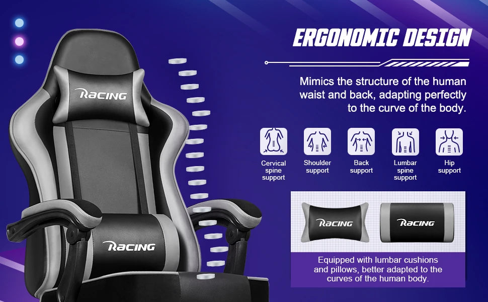 Portreen Gaming Chair with Footrest, Ergonomic Gaming Chair, Gaming Armchair with Adjustable Lumbar Cushion and Headrest, Height-Adjustable Swivel, Rocking Function up to 170°, Gaming Chair for up to 150 kg, Black, Perfect for