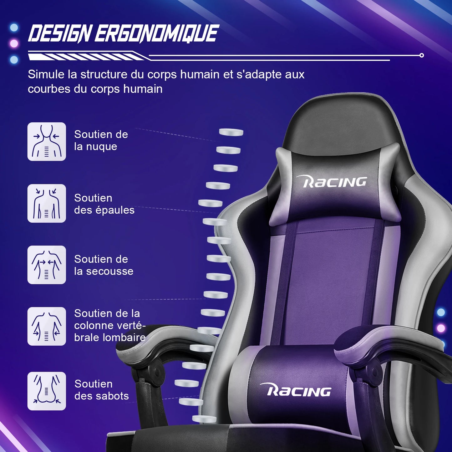 Portreen Gaming Chair with Footrest, Ergonomic Gaming Chair, Gaming Armchair with Adjustable Lumbar Cushion and Headrest, Height-Adjustable Swivel, Rocking Function up to 170°, Gaming Chair for up to 150 kg, Black, Perfect for