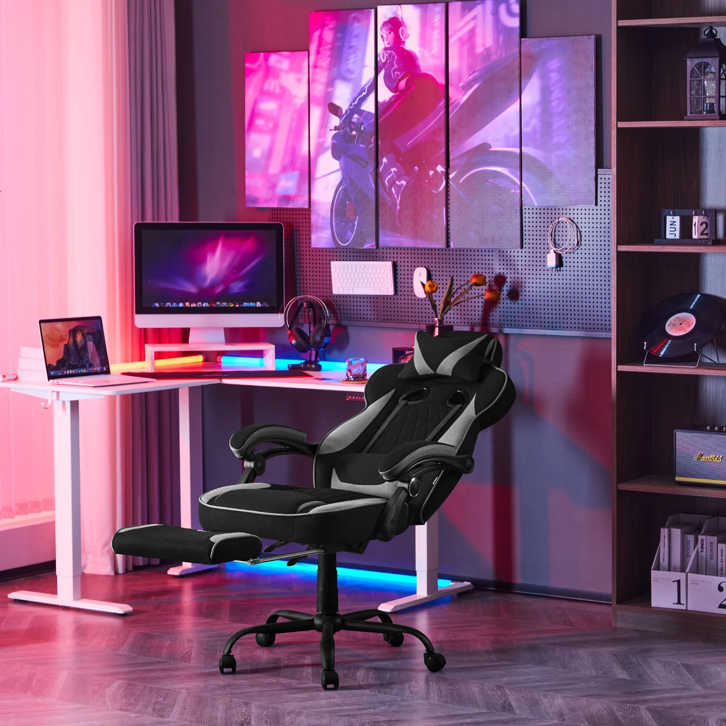 WOLTU Swivel Gaming Chair with Pocket Spring Cushion Ergonomic Office Chair Wide Seat Footrest Rotatable Computer Armchair