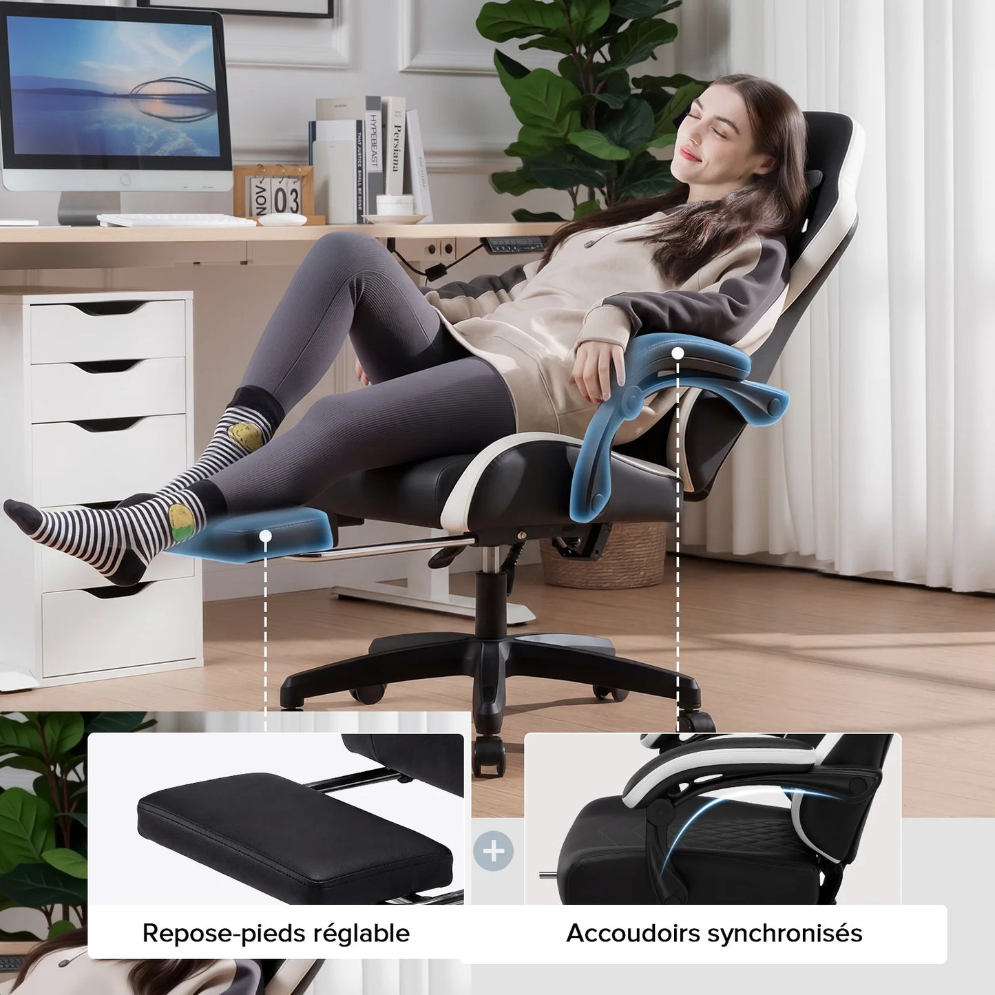 GTPLAYER Gaming Chair Ergonomic Gaming Armchair Desk Chair Faux Leather, Spring Seat Cushion, Connecting Armrests and Footrest 150KG