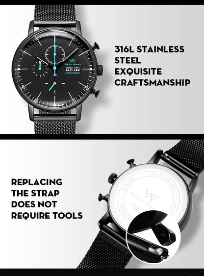 WM Watch Quartz Watches Casual Business Sapphire Crystal Water Resistant Stainless Steel Welly Merck Watch 014M