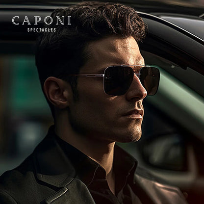 CAPONI Nylon Polarized Sunglasses For Men Square Driving Fashionable Alloy Shades Anti-Glare UV400 Protection Sun Glasses CP1325