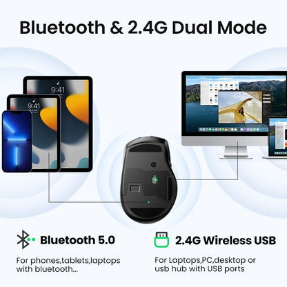 Bezdrátová myš UGREEN Bluetooth 5.0, ergonomická myš 4000 DPI se 6 tichými tlačítky pro MacBook, tablet, notebook, počítač PC, 2.4G myši