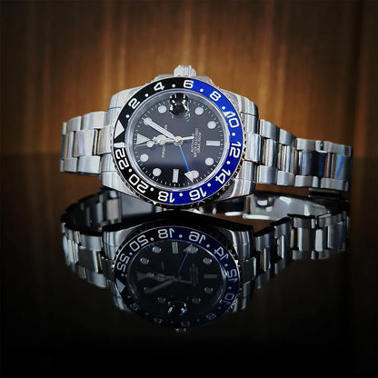 Montre mécanique pour homme PAGANI DESIGN (40 mm) – Cadran violet, fonction GMT, bracelet type Jubilee, verre saphir, étanche, mouvement automatique