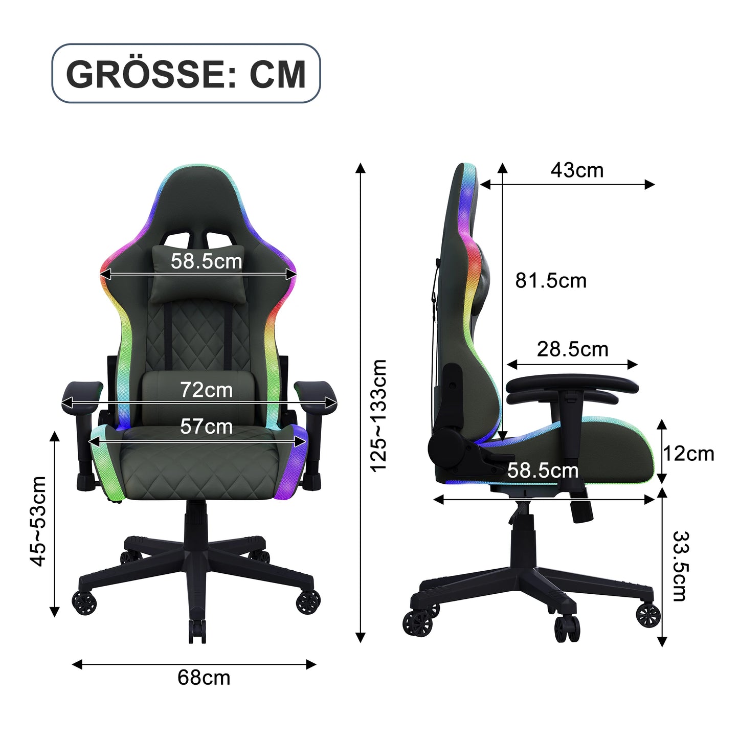 Comanlai Rgonomic Gaming Chair with RGB Lighting, PVC Leather Computer Chair, Adjustable Seat Height and Backrest, Waist Massage