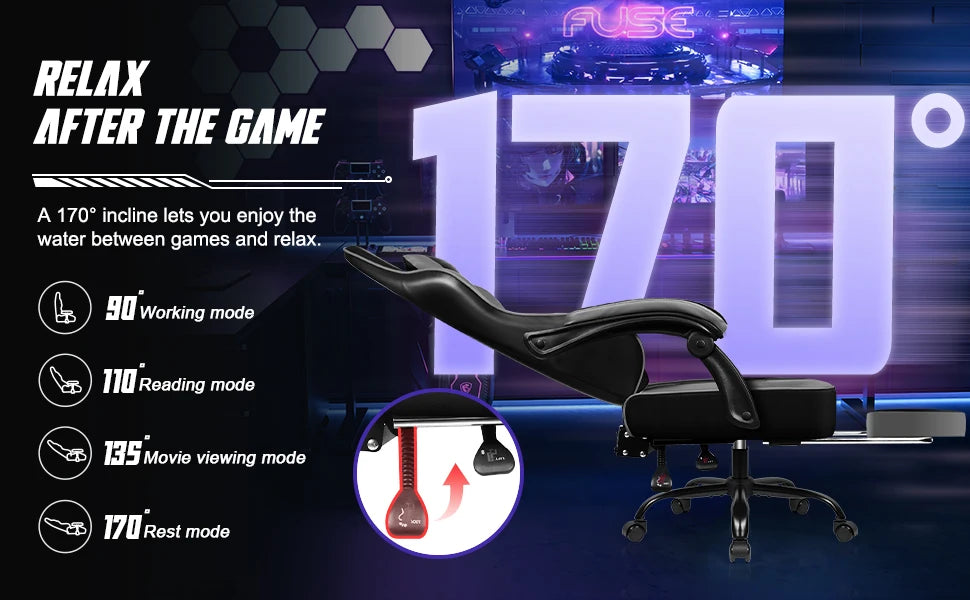 Portreen Gaming Chair with Footrest, Ergonomic Gaming Chair, Gaming Armchair with Adjustable Lumbar Cushion and Headrest, Height-Adjustable Swivel, Rocking Function up to 170°, Gaming Chair for up to 150 kg, Black, Perfect for