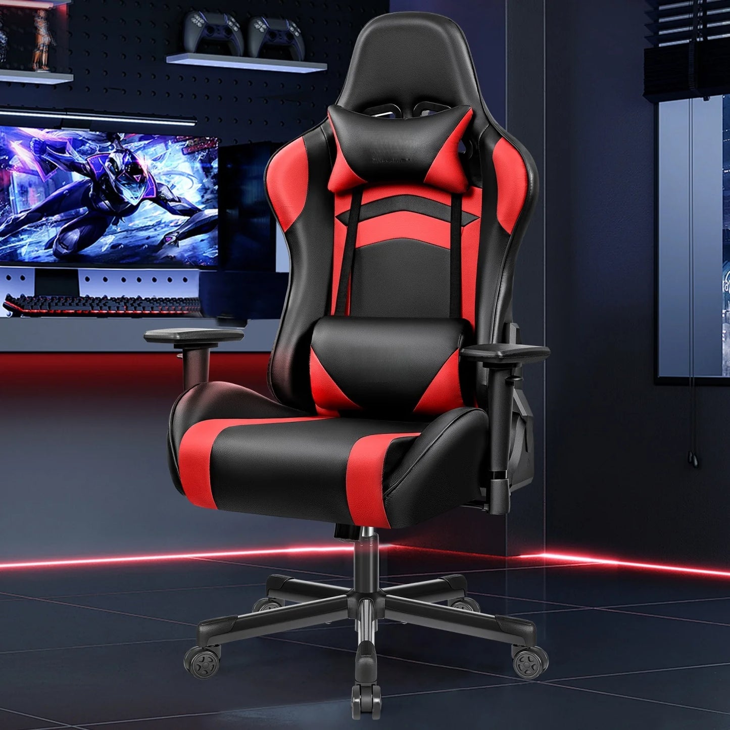 Gaming chair, PU leather adjustable in multiple directions, with lumbar support and headrest, ergonomic, black and red