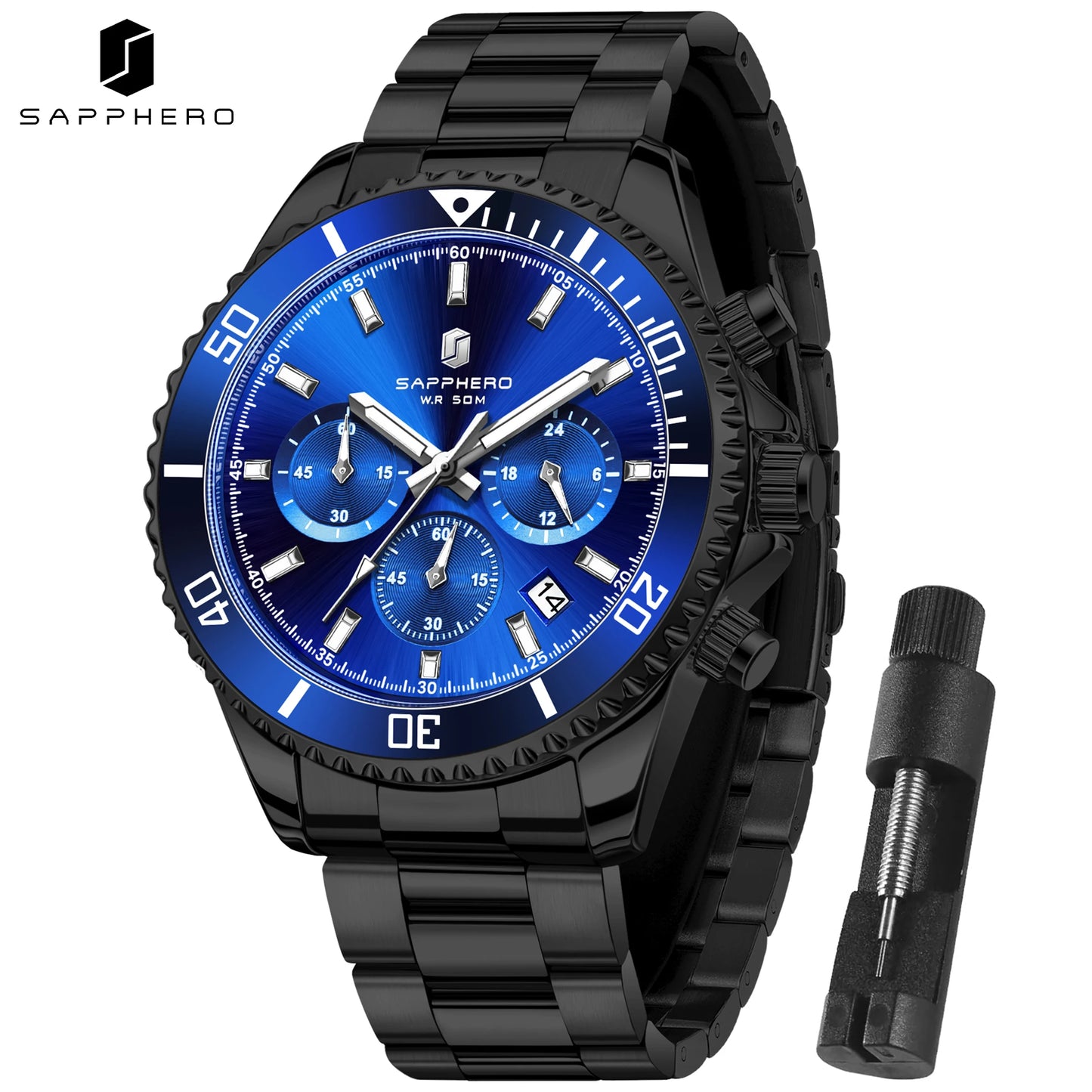 SAPPHERO Men’s Quartz Watch Luxury Chronograph Sport Wristwatch Stainless Steel Waterproof 50M Date Luminous Business Watch