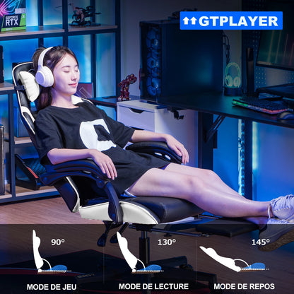 GTPLAYER Silla gaming Silla gamer Silla de oficina ergonómica Reposapiés ajustable Soporte lumbar y cojines Silla gaming