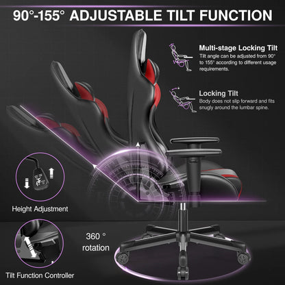 Gaming chair, PU leather adjustable in multiple directions, with lumbar support and headrest, ergonomic, black and red