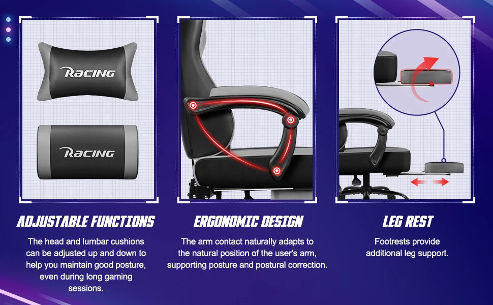 Portreen Gaming Chair with Footrest, Ergonomic Gaming Chair, Gaming Armchair with Adjustable Lumbar Cushion and Headrest, Height-Adjustable Swivel, Rocking Function up to 170°, Gaming Chair for up to 150 kg, Black, Perfect for