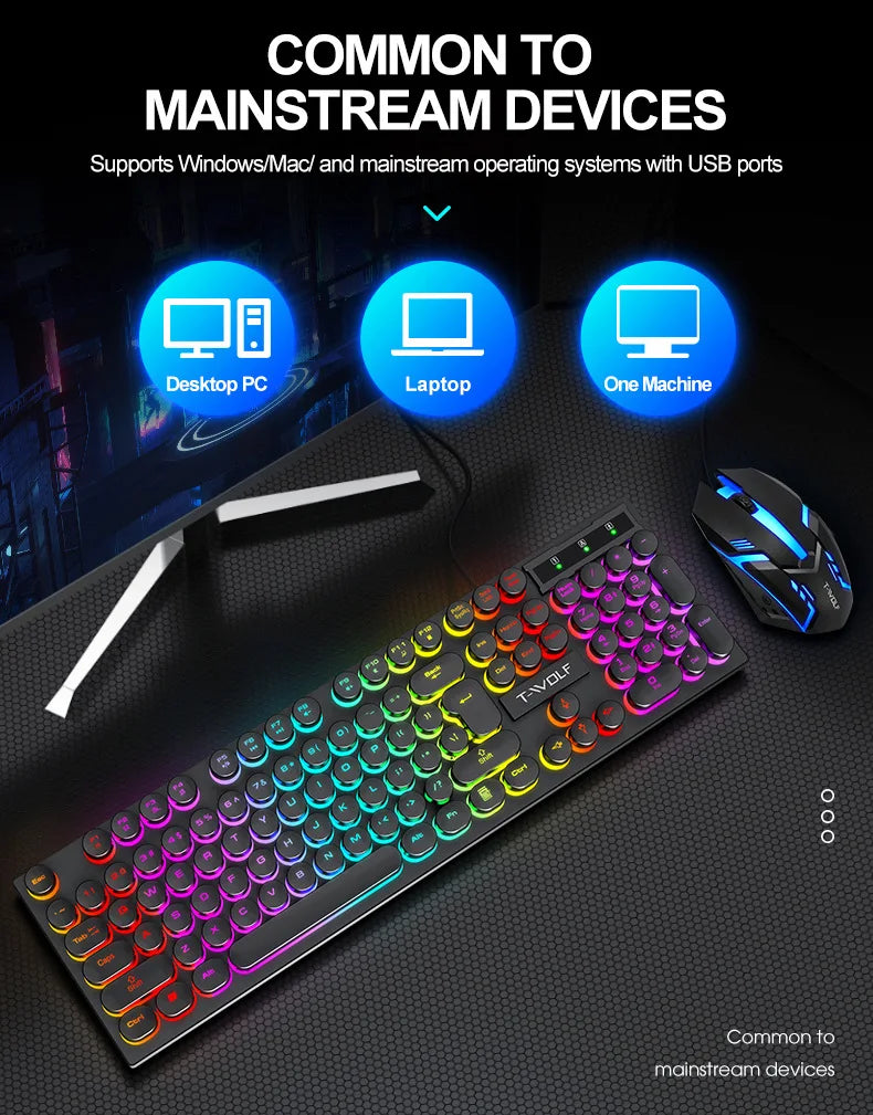 Russian Keyboard with Russian English Letter 100% Keyboard Mouse Kit Translucent Keycaps Backlight Punk Round Keycap Wired TF270