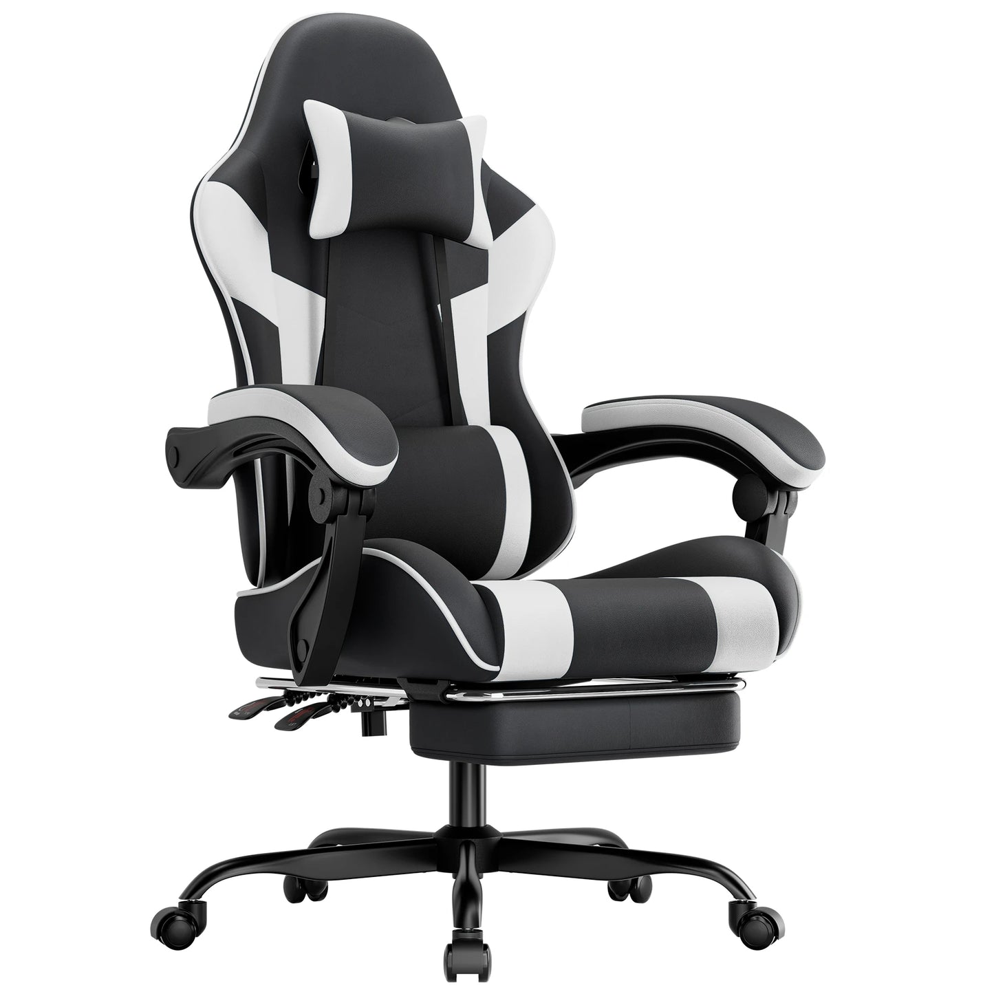 Black & White Gaming Chair, Ergonomic PU Leather Computer Chair with Footrest, Adjustable Swivel Office Chair with Lumbar Support & Headrest, Breathable High-Back Chair for Gaming & Work